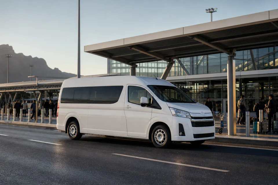 A private shuttle waiting outside Cape Town International Airport