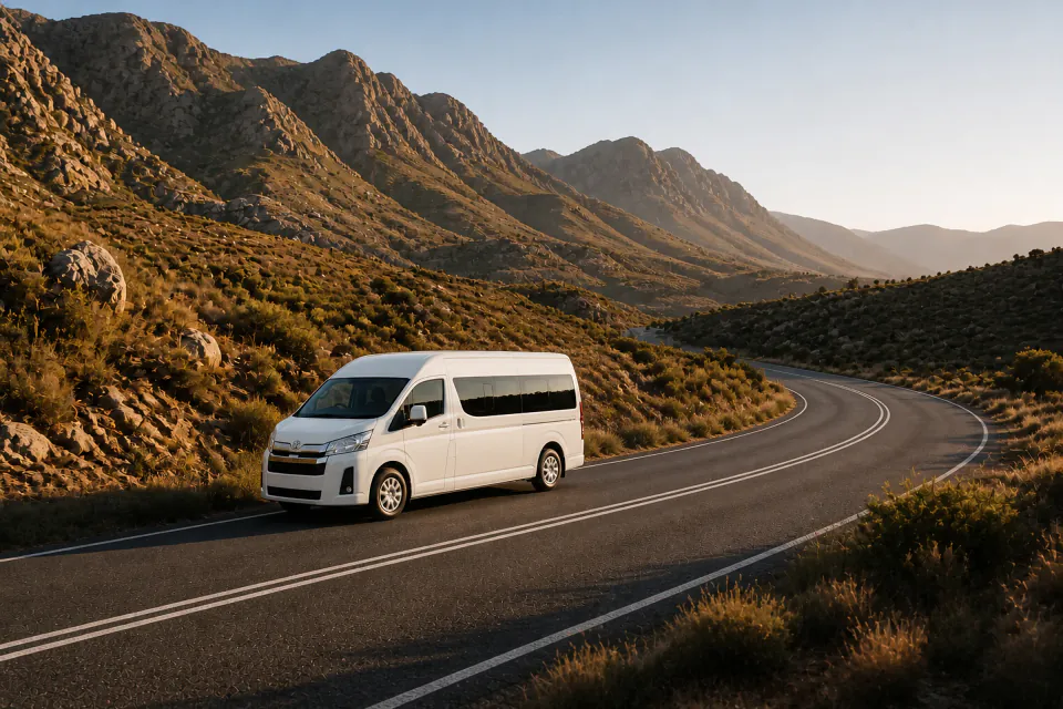 A private minibus travelling through the Western Cape mountains